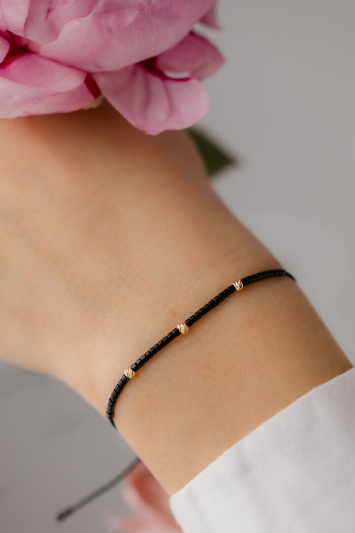 Bratara cu bilute de aur 14k si margele miyuki negru lucios - imagine 3