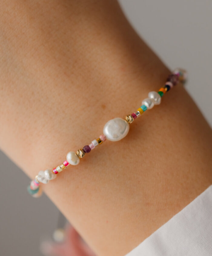 Bratara cu 4 bilute de aur 14k, mix perle de cultura si piatre semipretioase pe snur negru - imagine 1