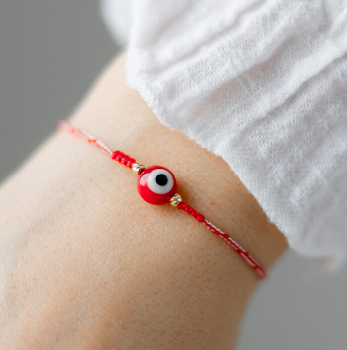 Bratara martisor cu o doua bilute aur 14k  si ochisor norocos rosu M10 - imagine 1