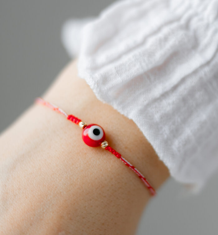 Bratara martisor cu o doua bilute aur 14k  si ochisor norocos rosu M10 - imagine 3