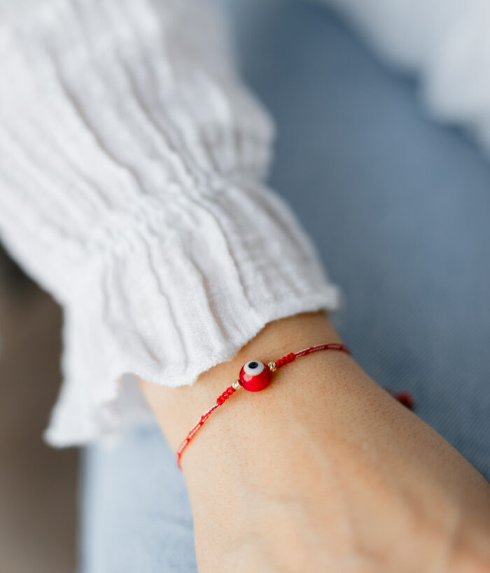 Bratara martisor cu o doua bilute aur 14k  si ochisor norocos rosu M10 - imagine 2