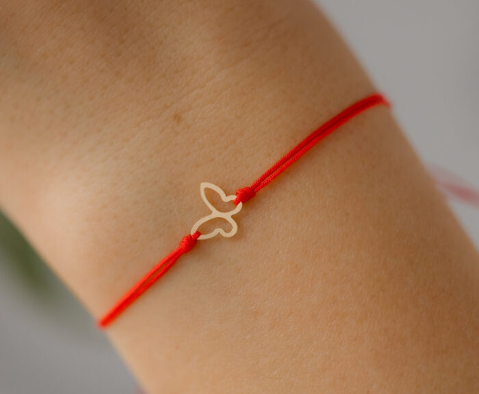 Bratara fluturas de aur 14k pe snur rosu martisor - imagine 1