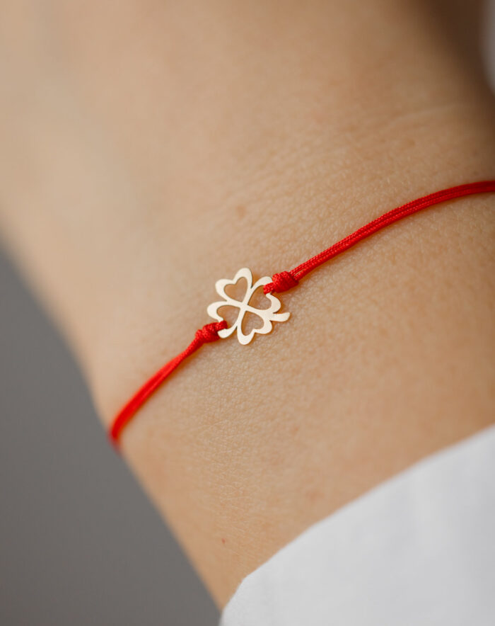 Bratara trifoi de aur 14k pe snur rosu - imagine 1