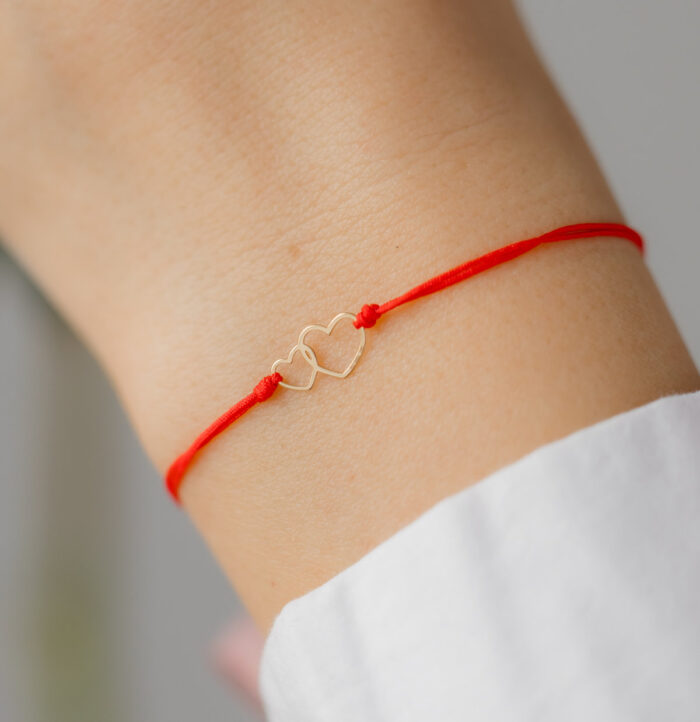 Bratara inimi duble de aur 14k pe snur rosu martisor - imagine 1
