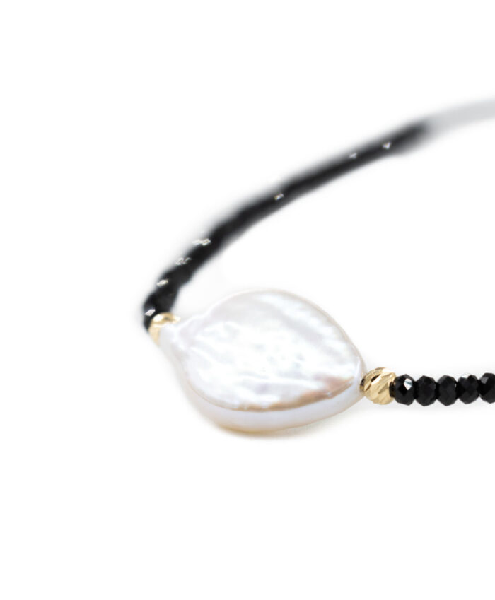 Bratara cu 2 bilute de aur 14k, perla de cultura baroc si piatra semipretioasa de spinel - imagine 5