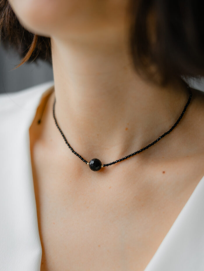 Colier cu 2 bilute de aur 14k, piatra neagra de Agat si combinatie de spinel cu miyuki mat pe snur negru - imagine 3