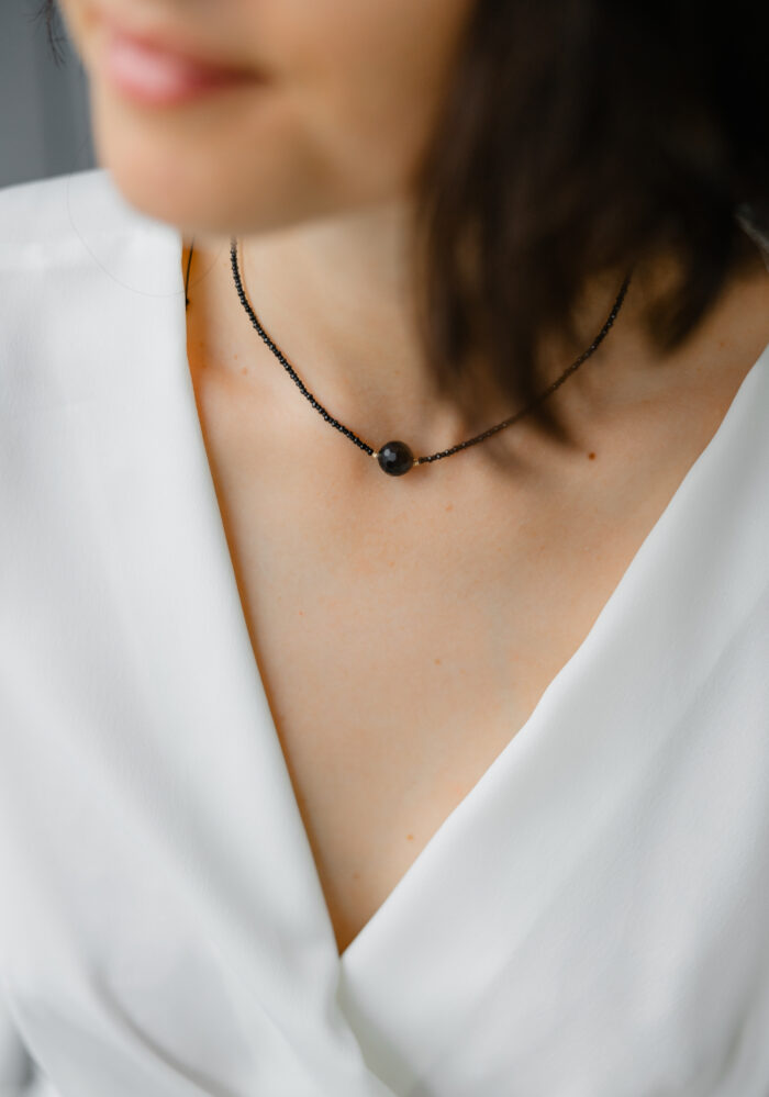 Colier cu 2 bilute de aur 14k, piatra neagra de Agat si combinatie de spinel cu miyuki mat pe snur negru - imagine 4