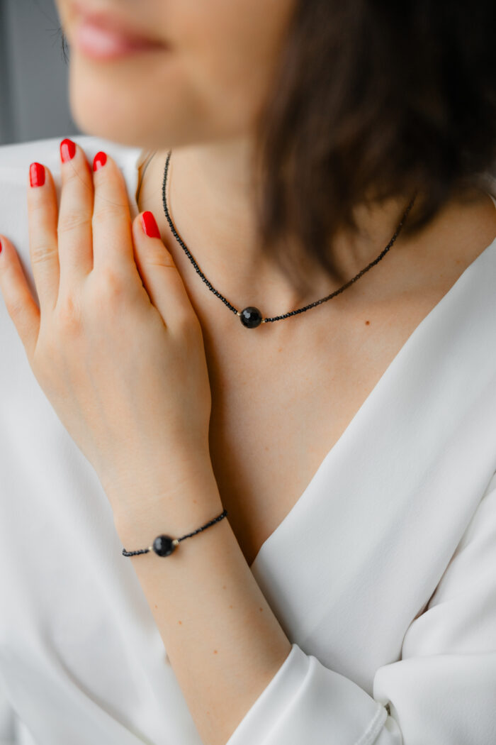 Colier cu 2 bilute de aur 14k, piatra neagra de Agat si combinatie de spinel cu miyuki mat pe snur negru - imagine 5