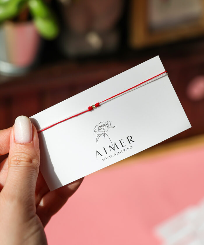 Bratara cu o biluta de aur 14k pe snur rosu si alb ( martisor) - imagine 1