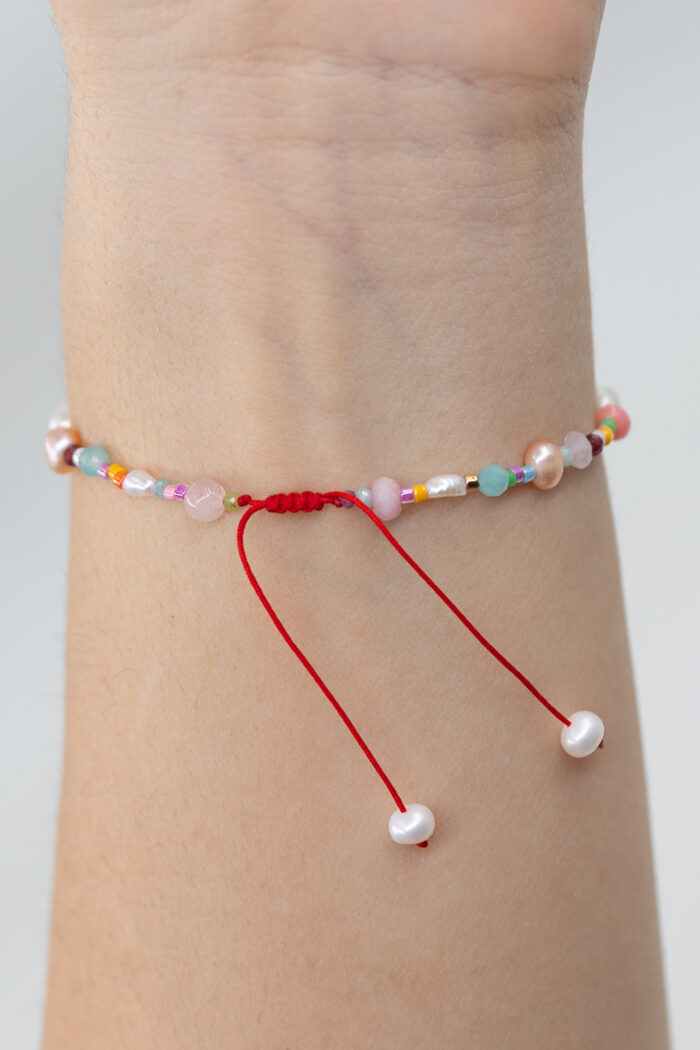 Bratara cu 4 bilute de aur 14k, mix perle de cultura si piatre semipretioase pe snur rosu - imagine 2